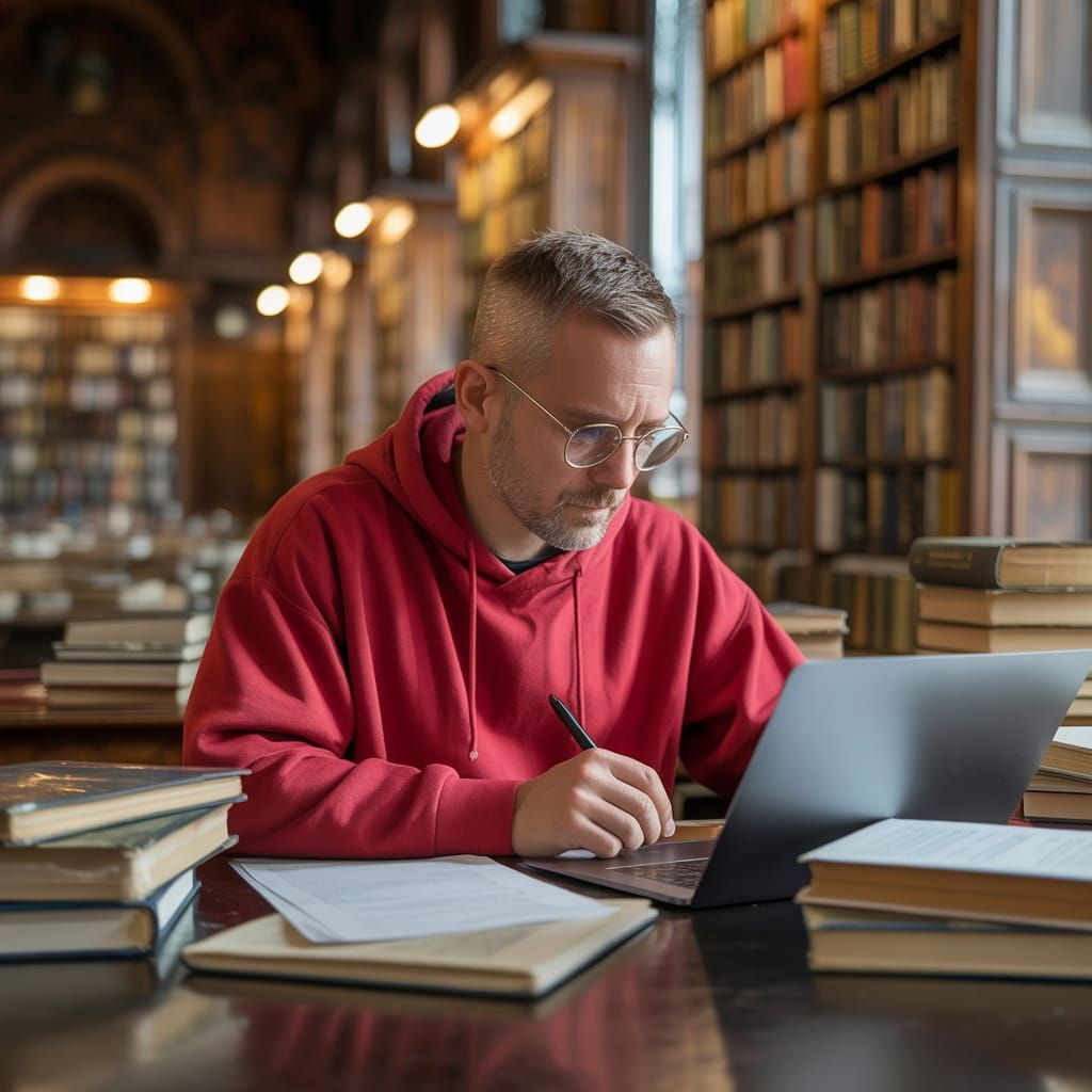 Man Focused on Laptop in Traditional Library