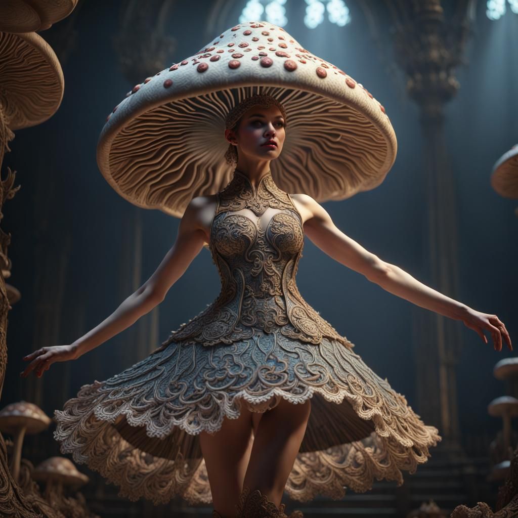 Mushroom Dancer in intricate ornate lace dress, studio lighting, ultra realistic, photorealistic, octane render, unreal ...