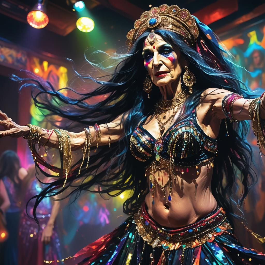 Elegant Elderly Belly Dancer in Vibrant Oil Painting