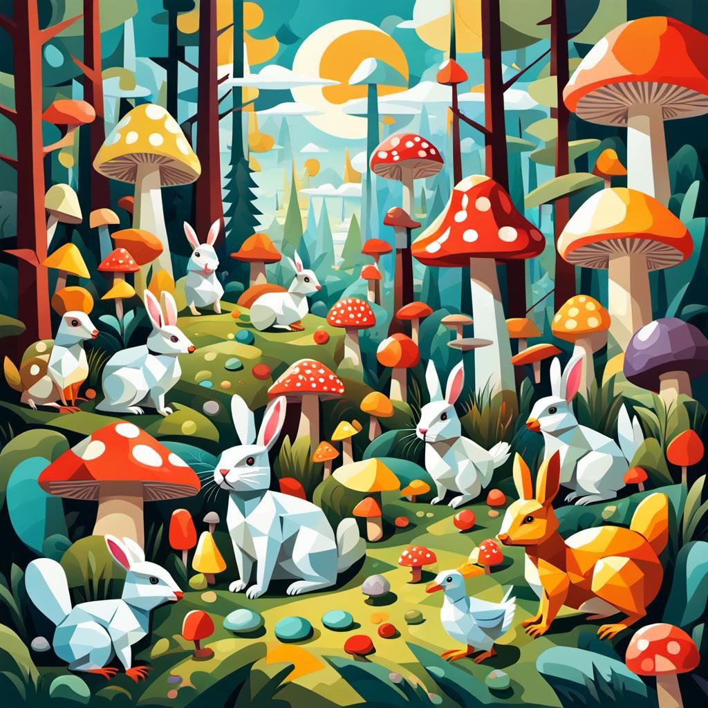 Vibrant Party Scene in a Cubist Forest Landscape