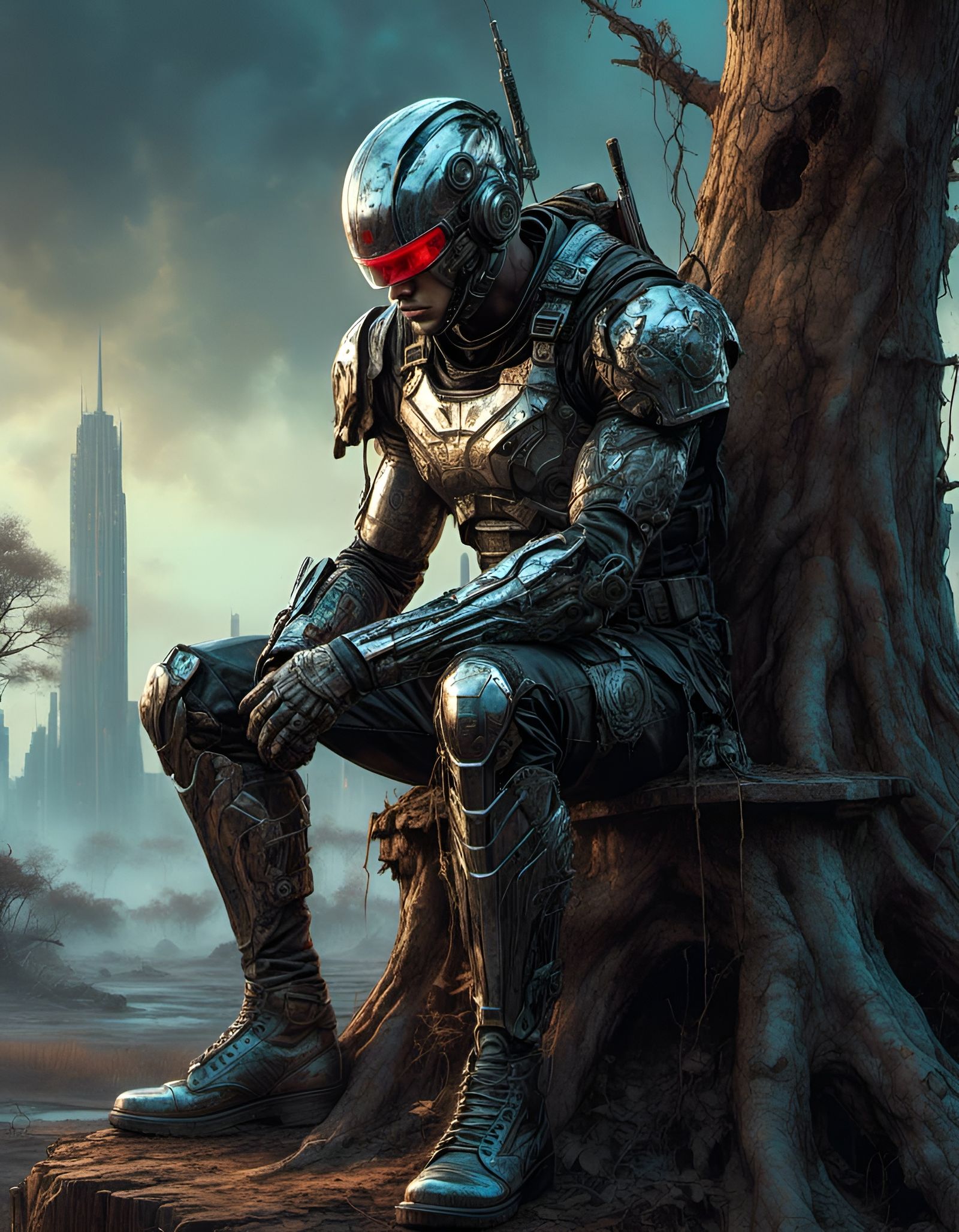 Cyborg Warrior Contemplates a Post-Apocalyptic Landscape in....