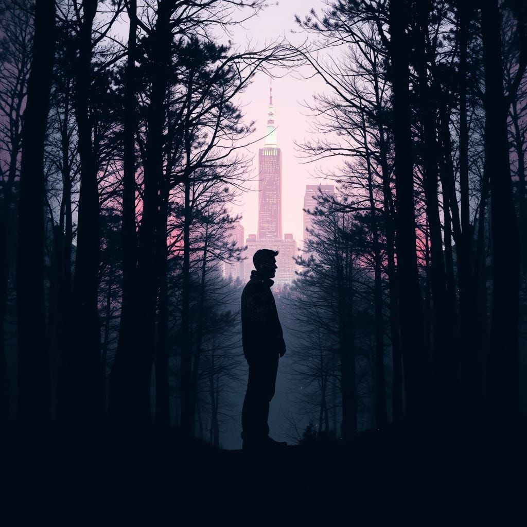 Mysterious Figure Emerges from Urban Night in Double Exposur...