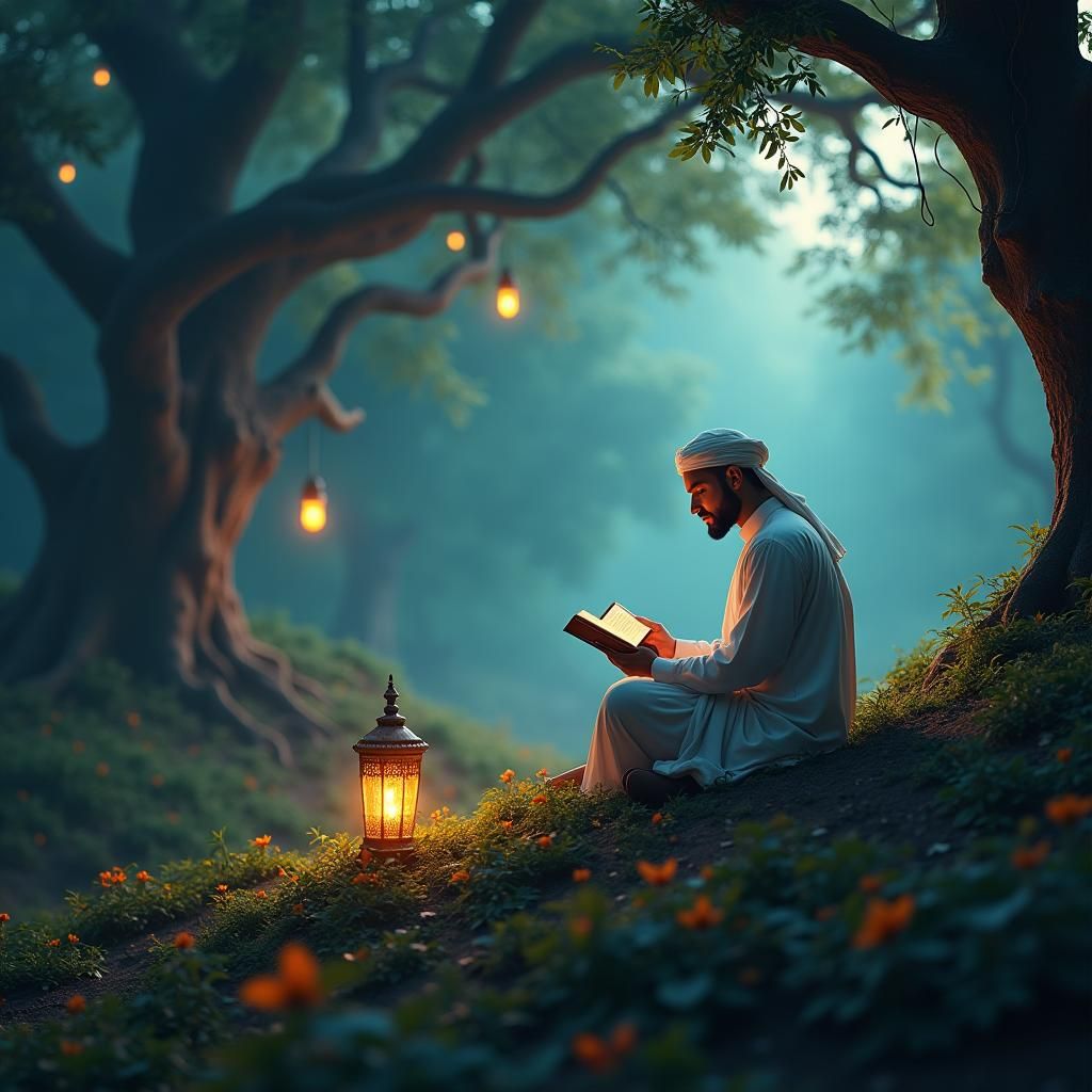 Man Contemplates Nature in Whimsical, Mystical Oasis