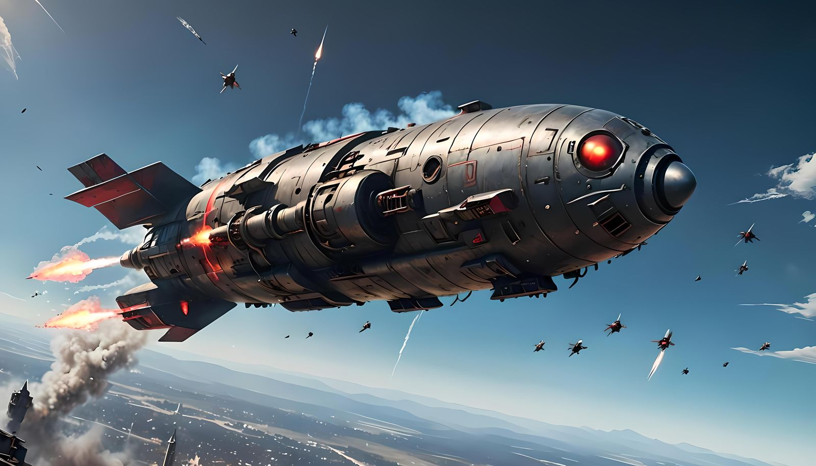 Rocket Bomb with Malicious Smile Soars Across the Sky