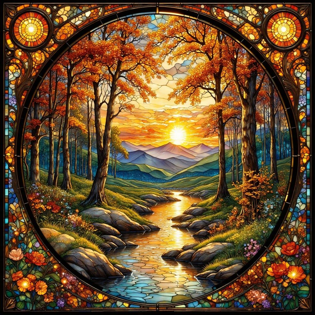 Art Nouveau Stained Glass Window of Nature