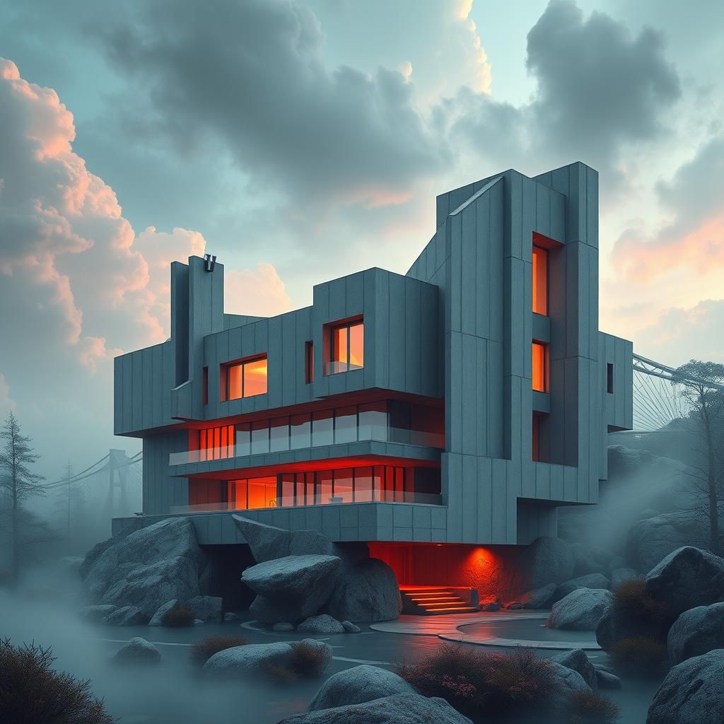 Brutalist Concrete Fortress in a Dreamlike Environment