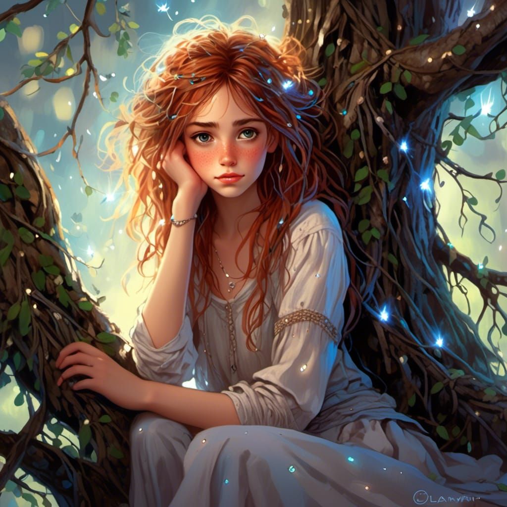 Whimsical Scottish Girl in Enchanted Woodland Scene