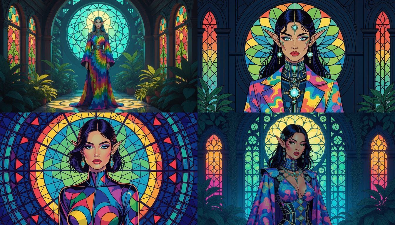 Futuristic Elfin Cyborg in Cyberpunk Tie-Dye Style