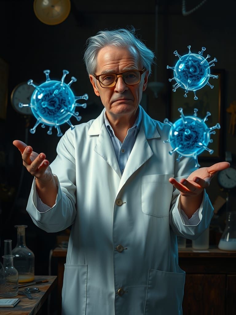 Vintage Laboratory Scientist Juggles Bacteria in Dimly Lit L...