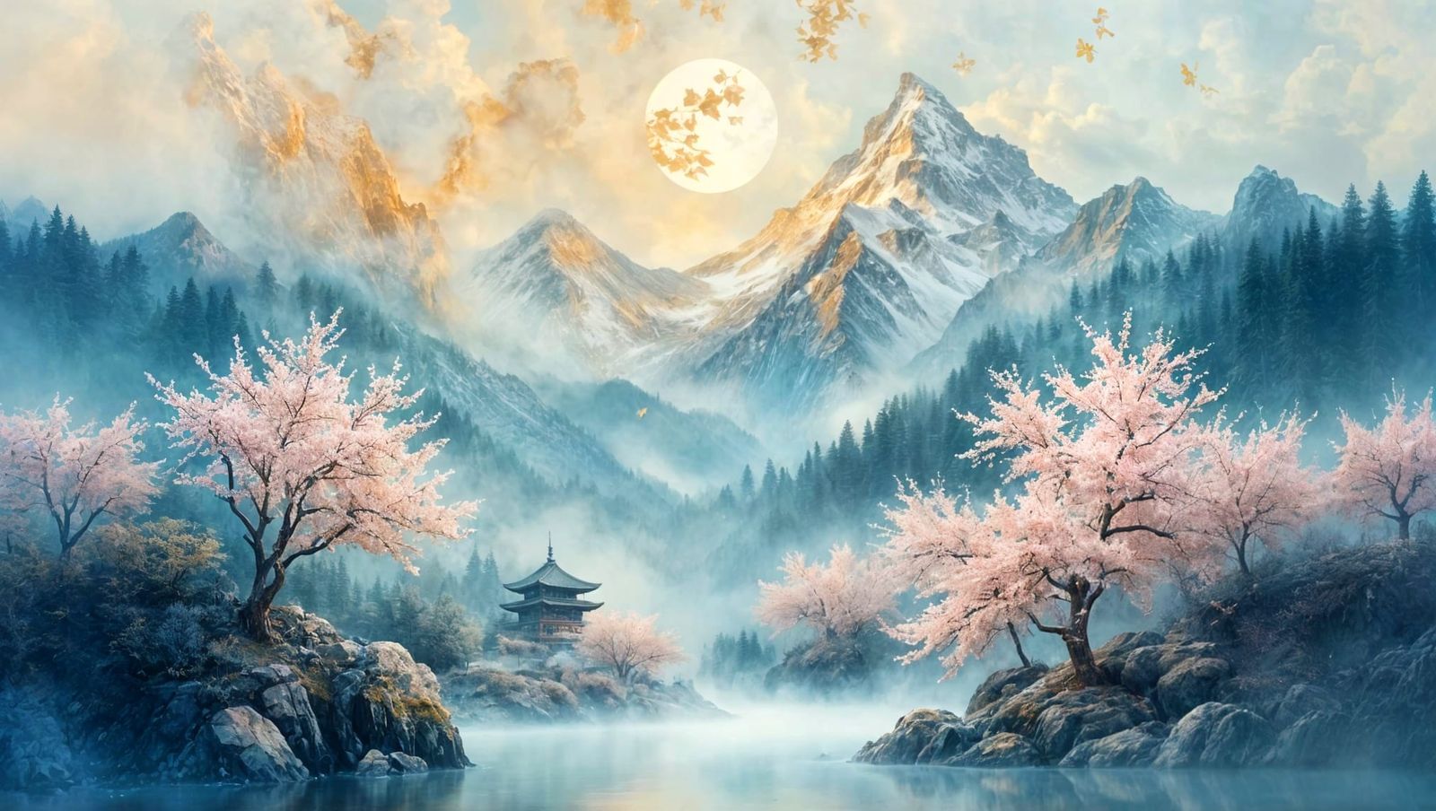 Ethereal Almond Blossoms Under Snowy Peaks and Pearly Moon