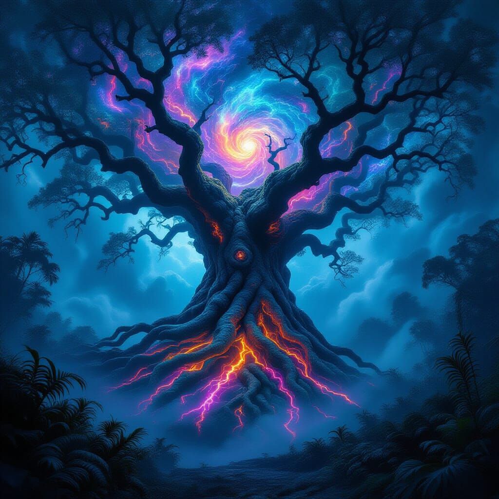 Ancient Bioluminescent Tree Under Cosmic Nebula
