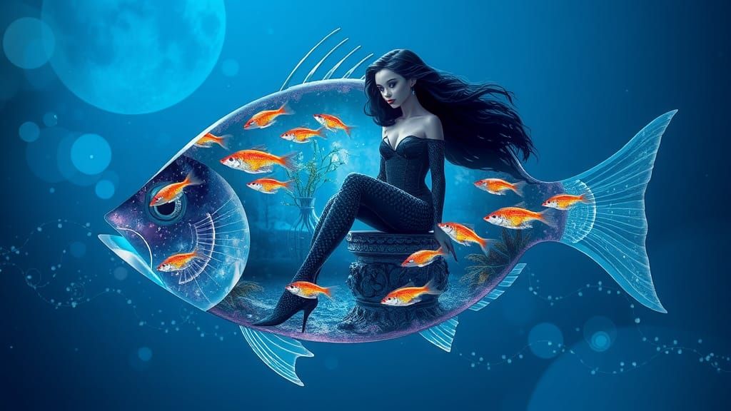 Dreamlike Double Exposure of a Fish Silhouette in a Gothic U...