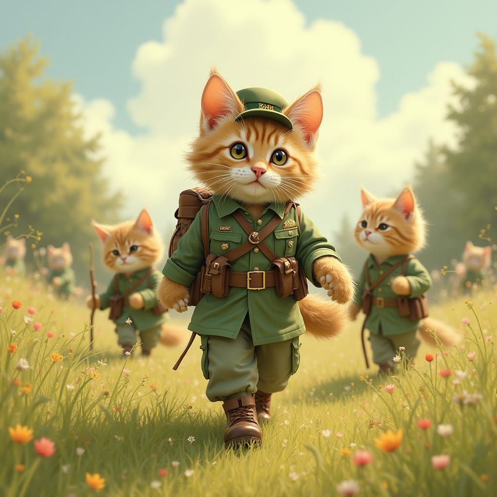 A Persian cat, adorned in a miniature Green Beret leads a parade of feline soldiers in the countryside.