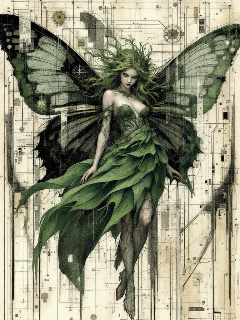 Wood Sprite in Glitch Art Meets Northern Renaissance Style