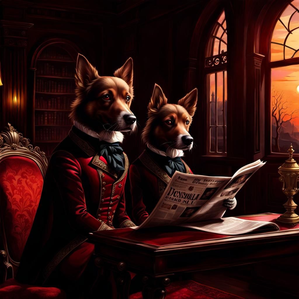 Aristocratic Hound Studies the News in Victorian Splendor