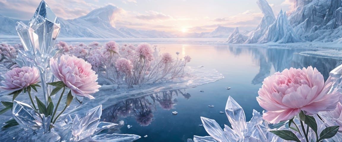 Crystal Peony Garden on Frozen Lake at Sunrise