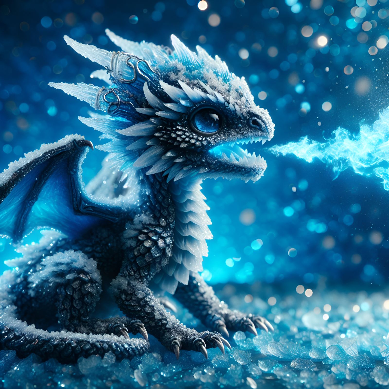 Hyperrealistic Baby Dragon Exhales Blue Fire in Whimsical Wi...