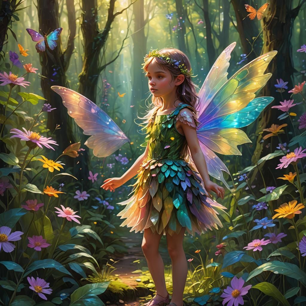 Whimsical Fairy Girl in Vibrant Lush Forest