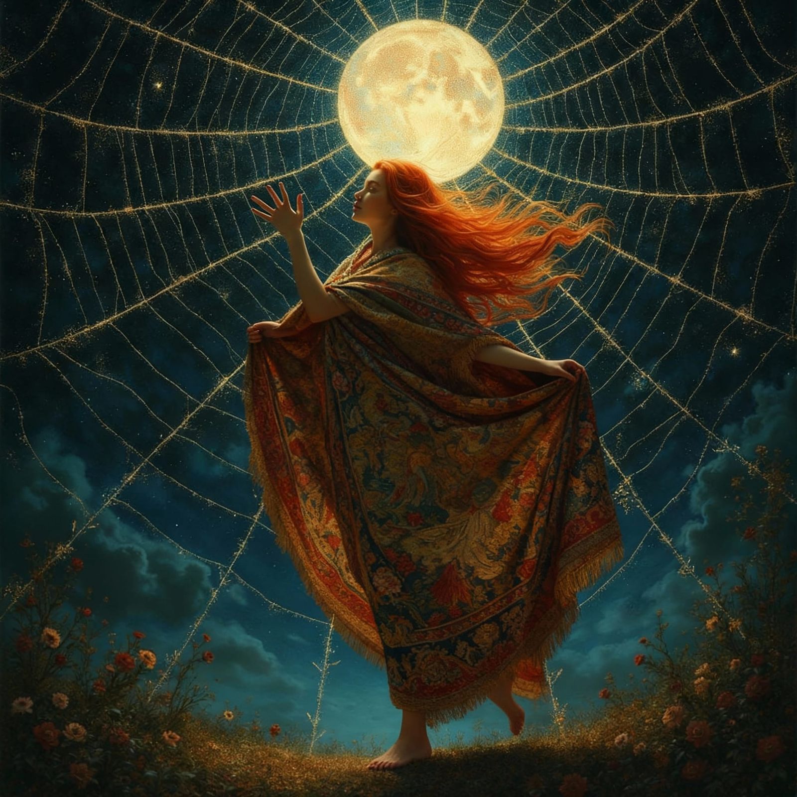 Girl Dancing Within Intricate Spiderweb Tapestry