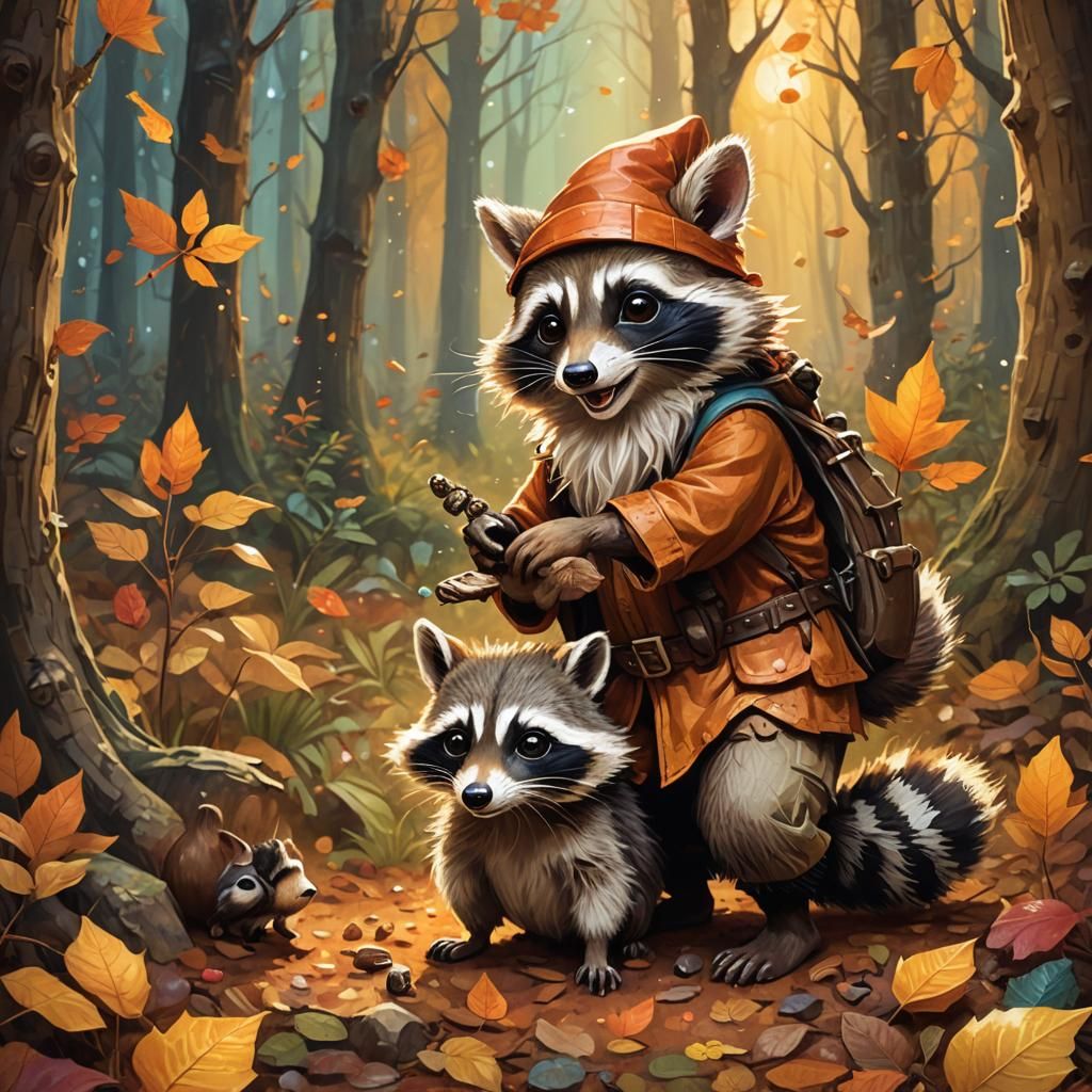 Whimsical Forest Gnome and Baby Raccoon Play in Autumn Wonde...