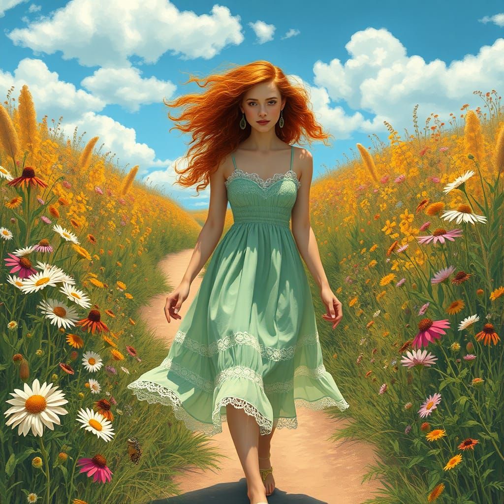 Surreal Whimsy: Redhead in Field Wildflowers