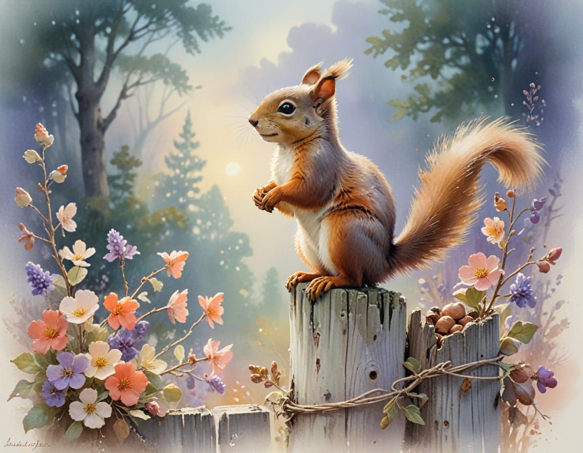 Squirrel with Acorns in Watercolor Style