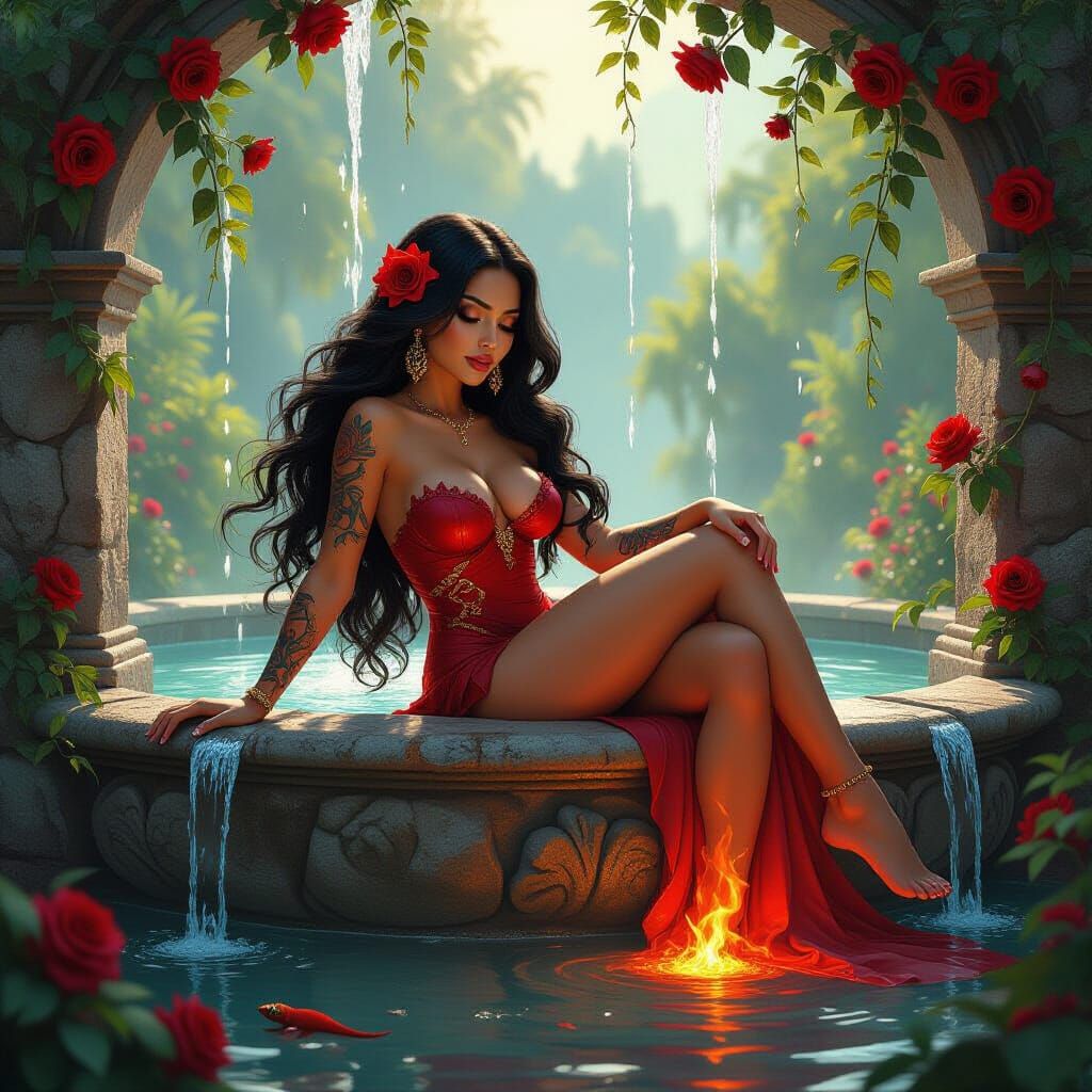 Latina Goddess in Volcanic Garden, Hyperrealistic Art