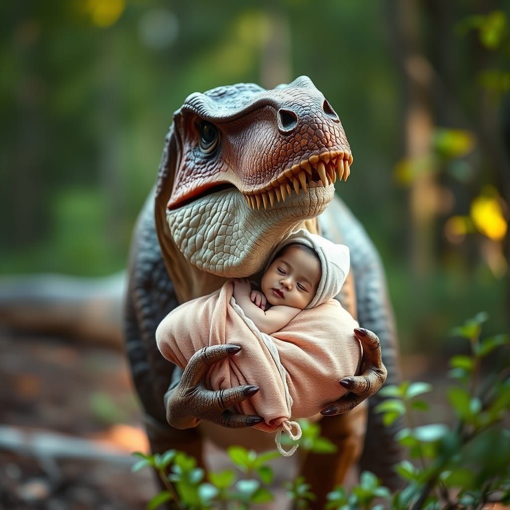 Tyrannosaurus Dinosaur Cradling Baby: Hyper-Realistic Portra...