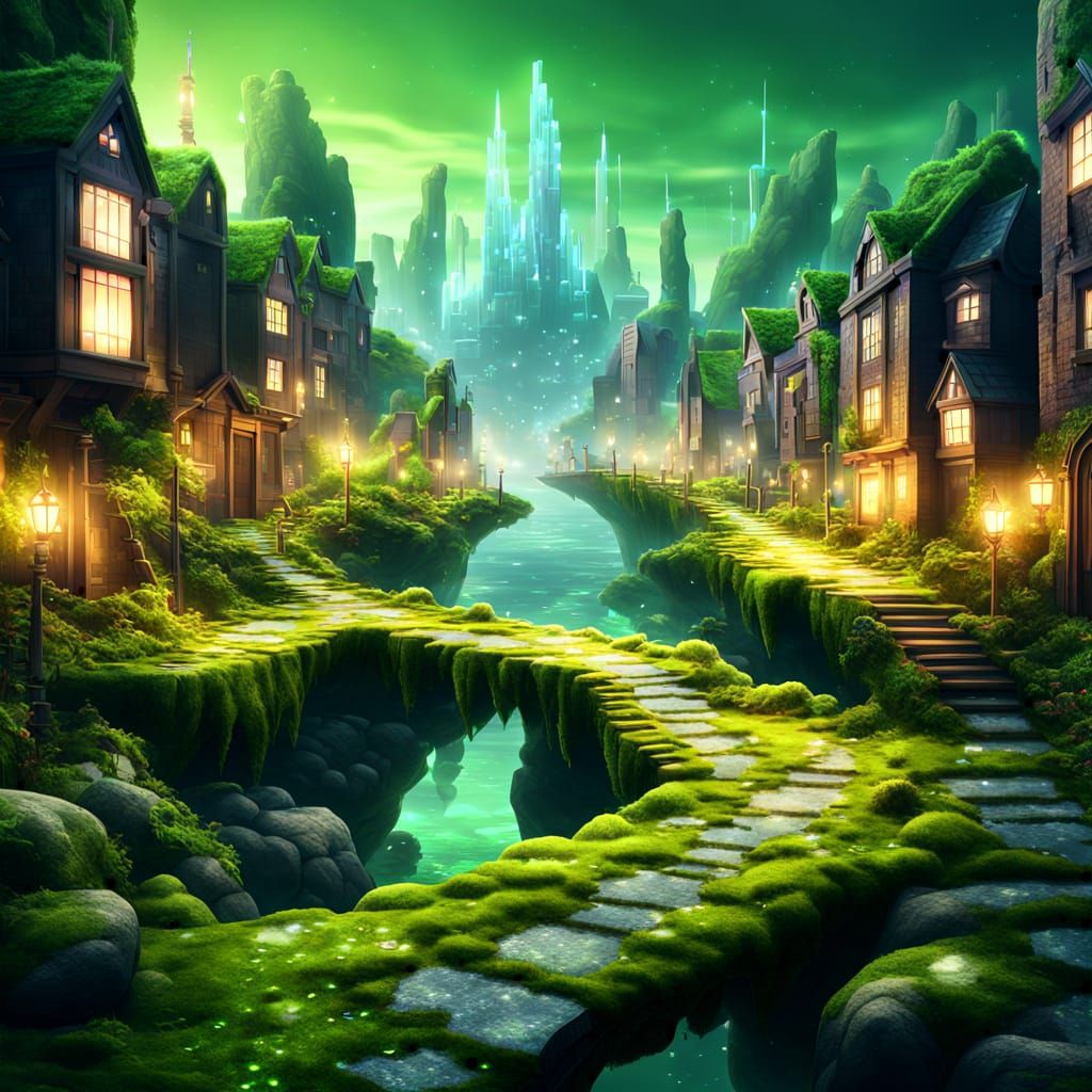 Ethereal Cityscape with Glowing Crystals and Lush Moss