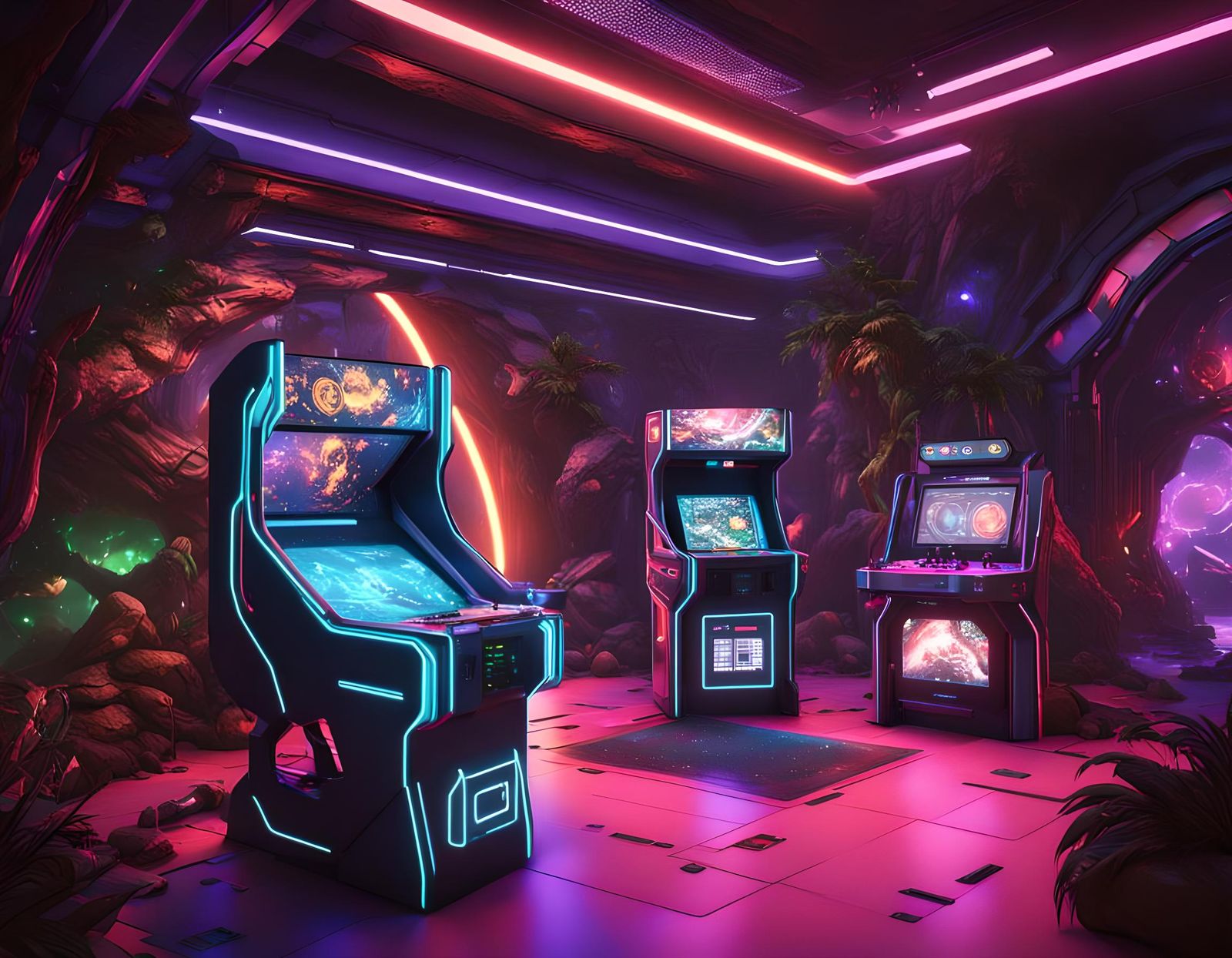 Cyberpunk Futurism in a Neon Jungle Arcade