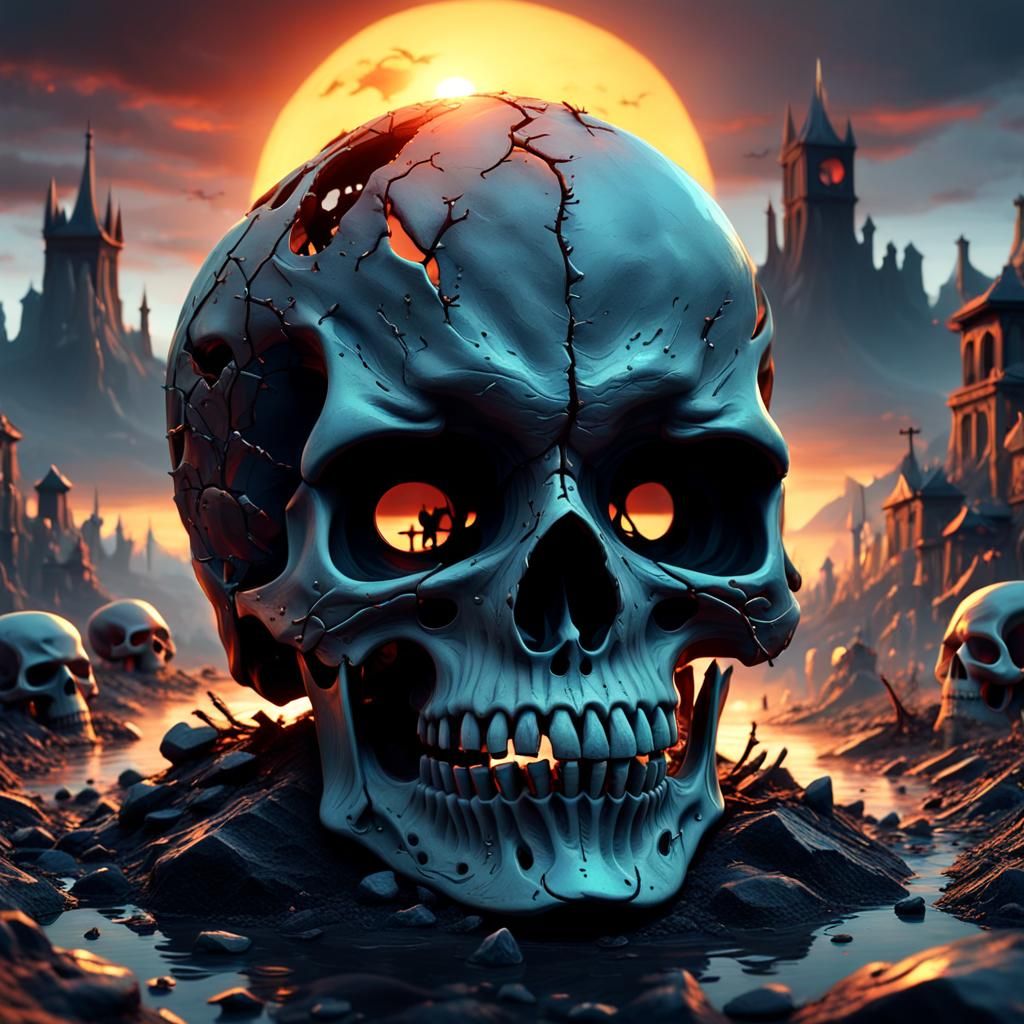 Surreal Skull Setting Sun in a Sharp, Nightmarish Scene