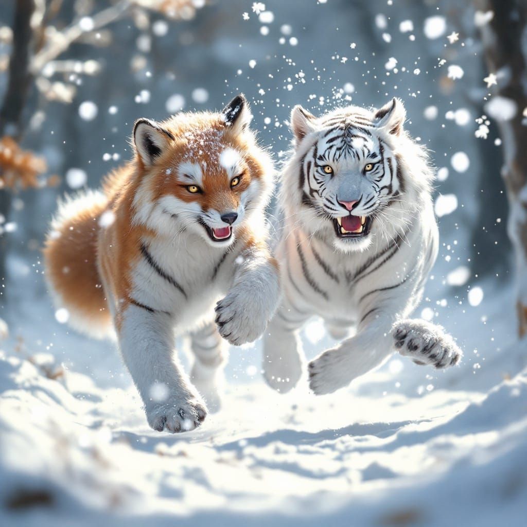 Whimsical White Tiger and Nine-Tailed Fox in Winter Wonderla...