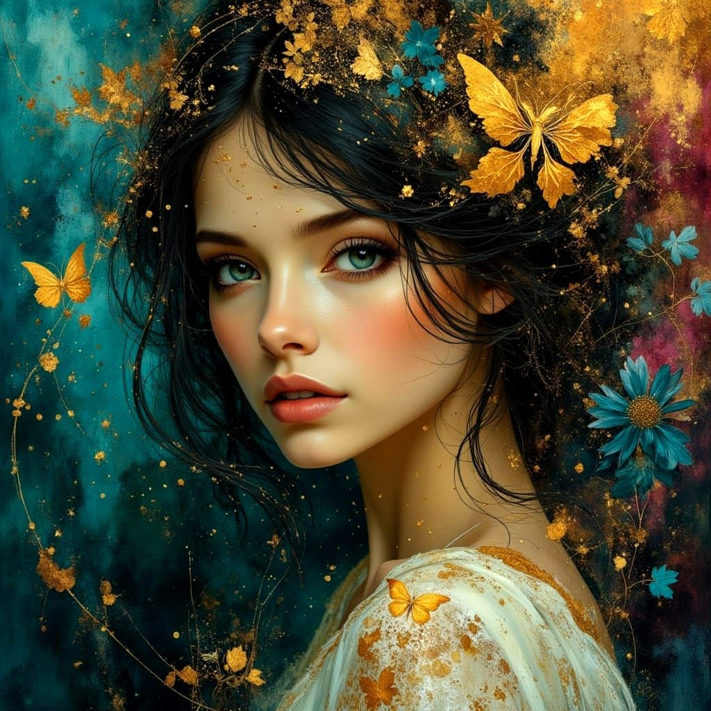 Dreamlike Portrait with Filigree Patterns in Art Nouveau Sty...