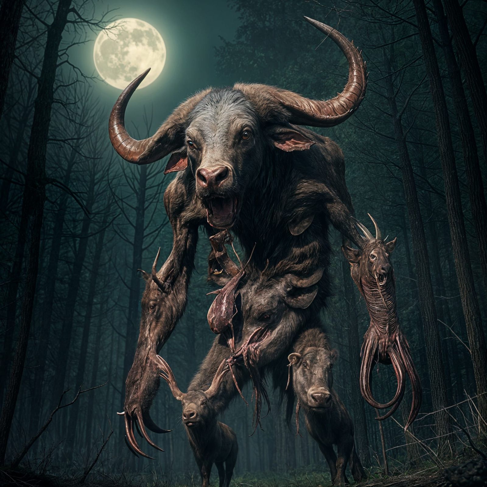 Realistic Skinless Buffalo Creature in Eerie Forest