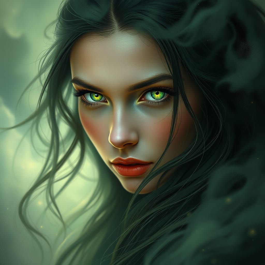 Mystical Woman with Emerald Eyes in Dreamy Landscape