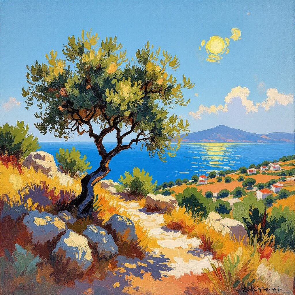 Olive Tree in Greek Island Landscape