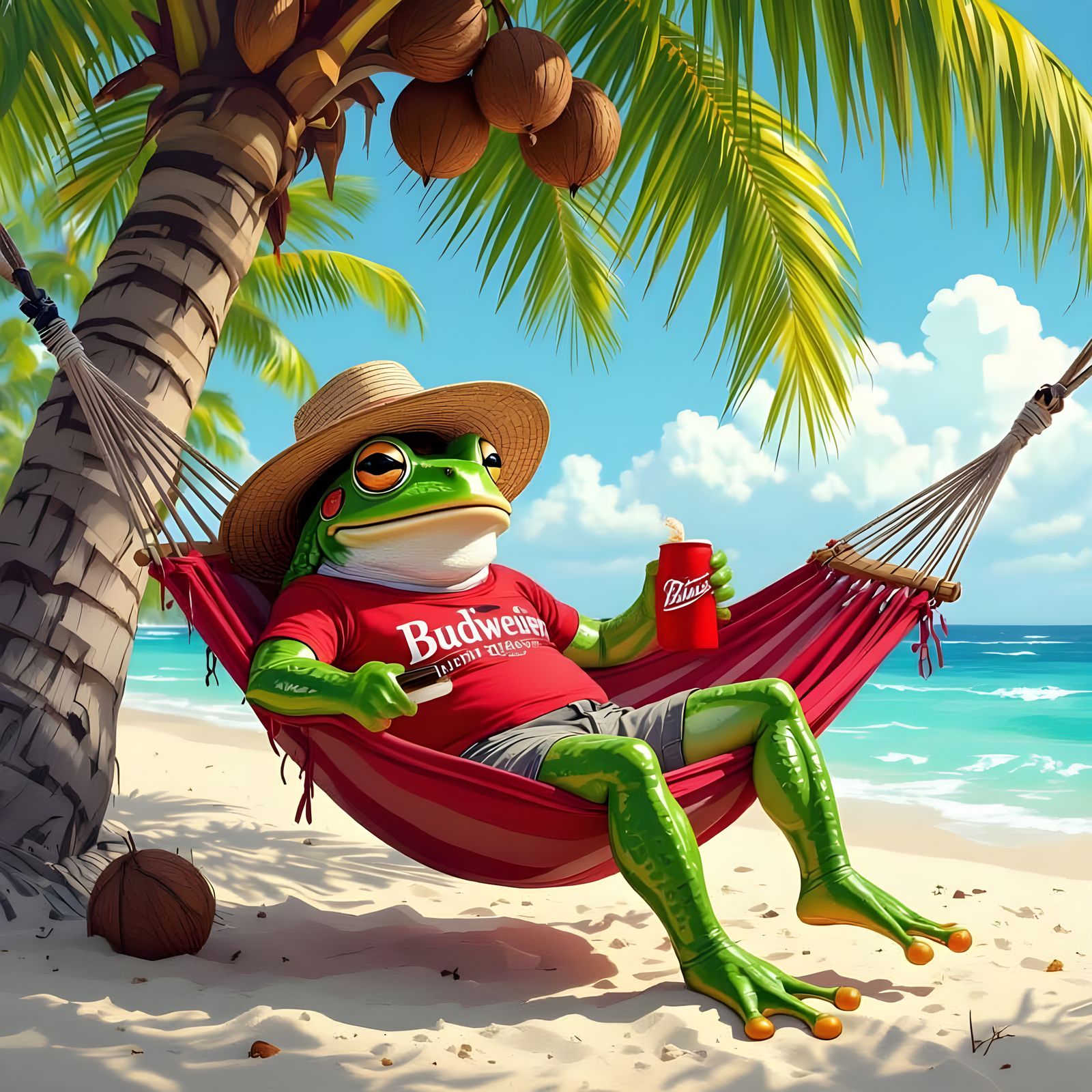 Frog Relaxing in Hammock on Tropical Beach
