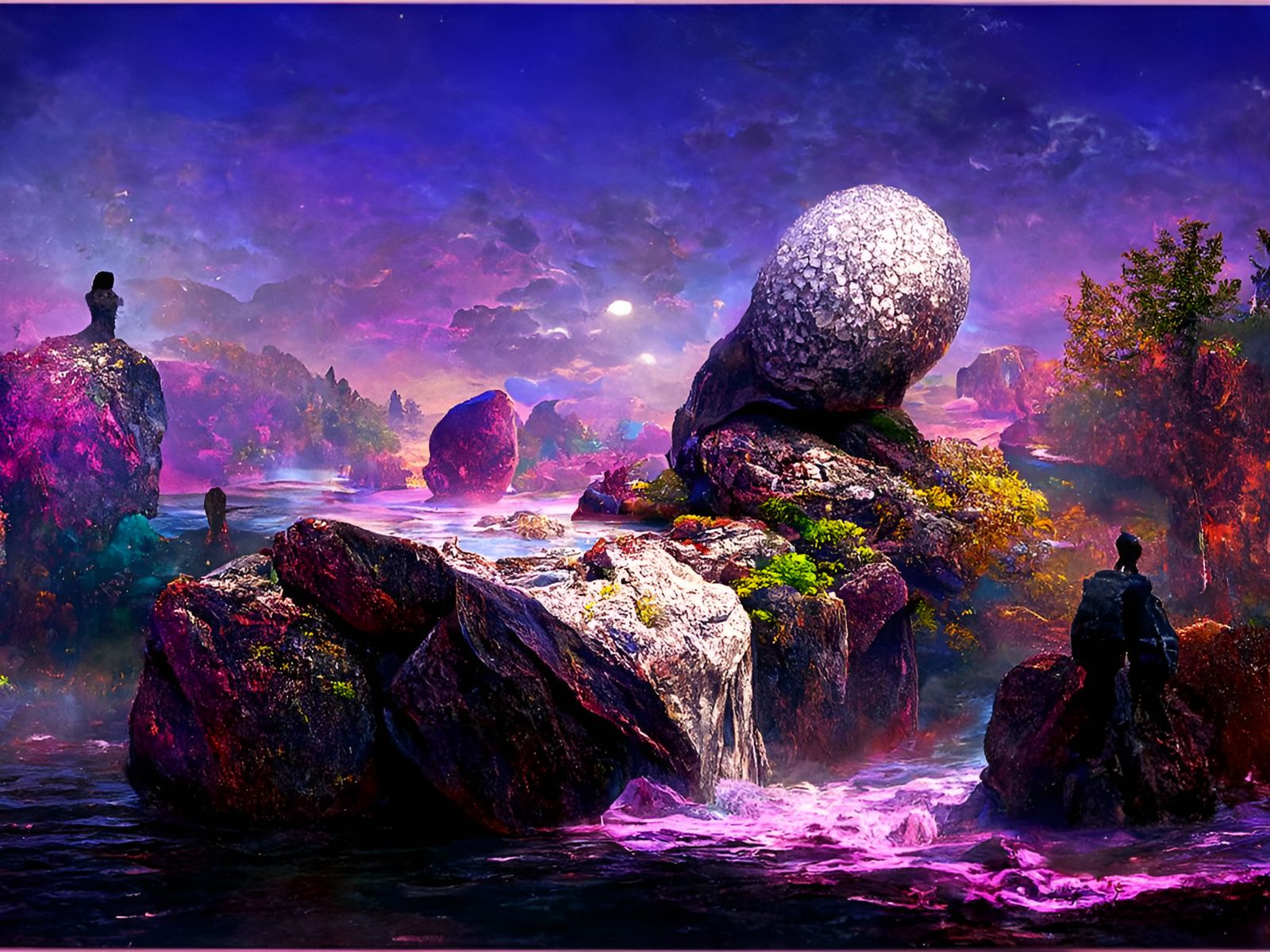 Figure Emerging from Iridescent Lake in Surreal Beauty