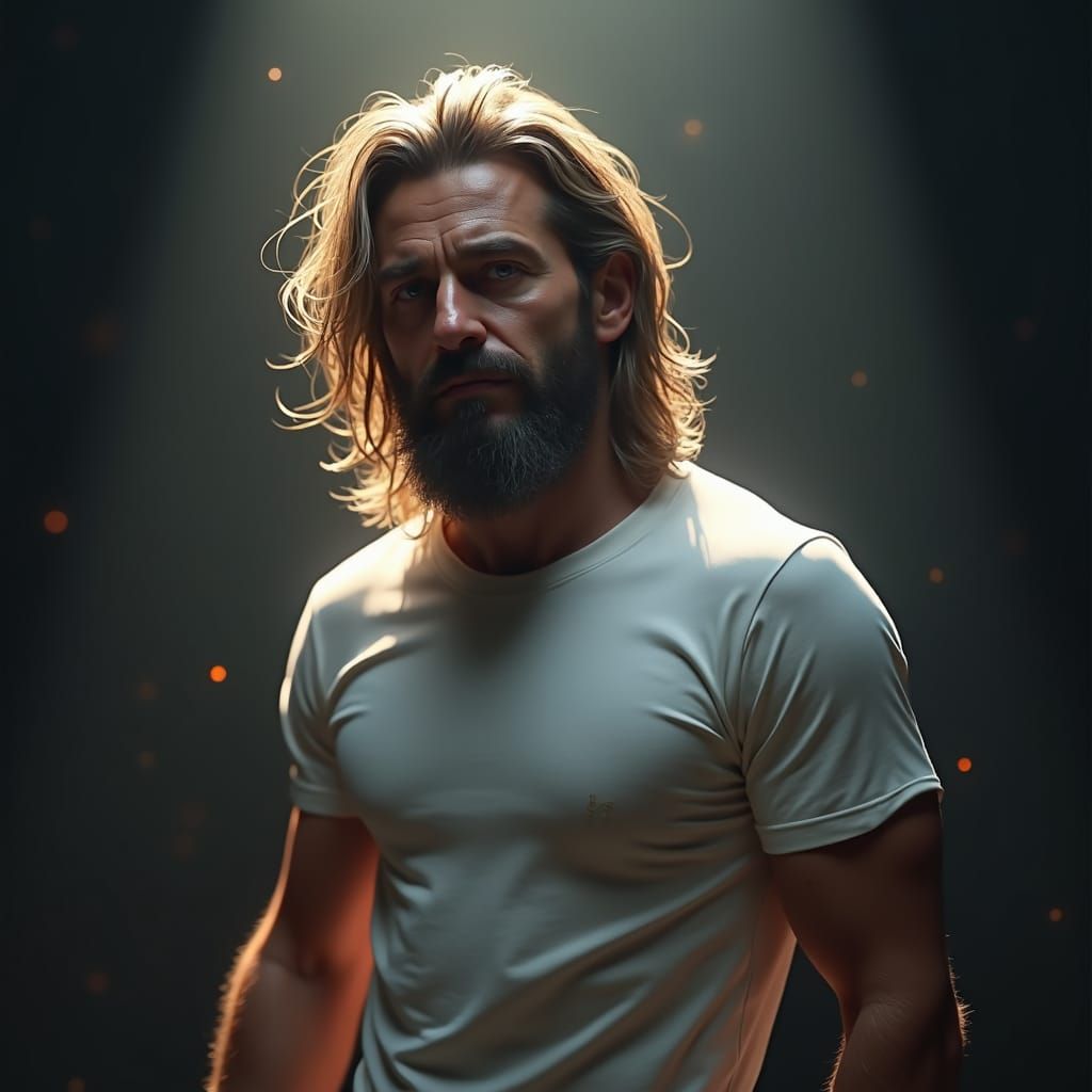 Hyperrealistic Man with Long Hair and Brooding Eyes in a Dra...