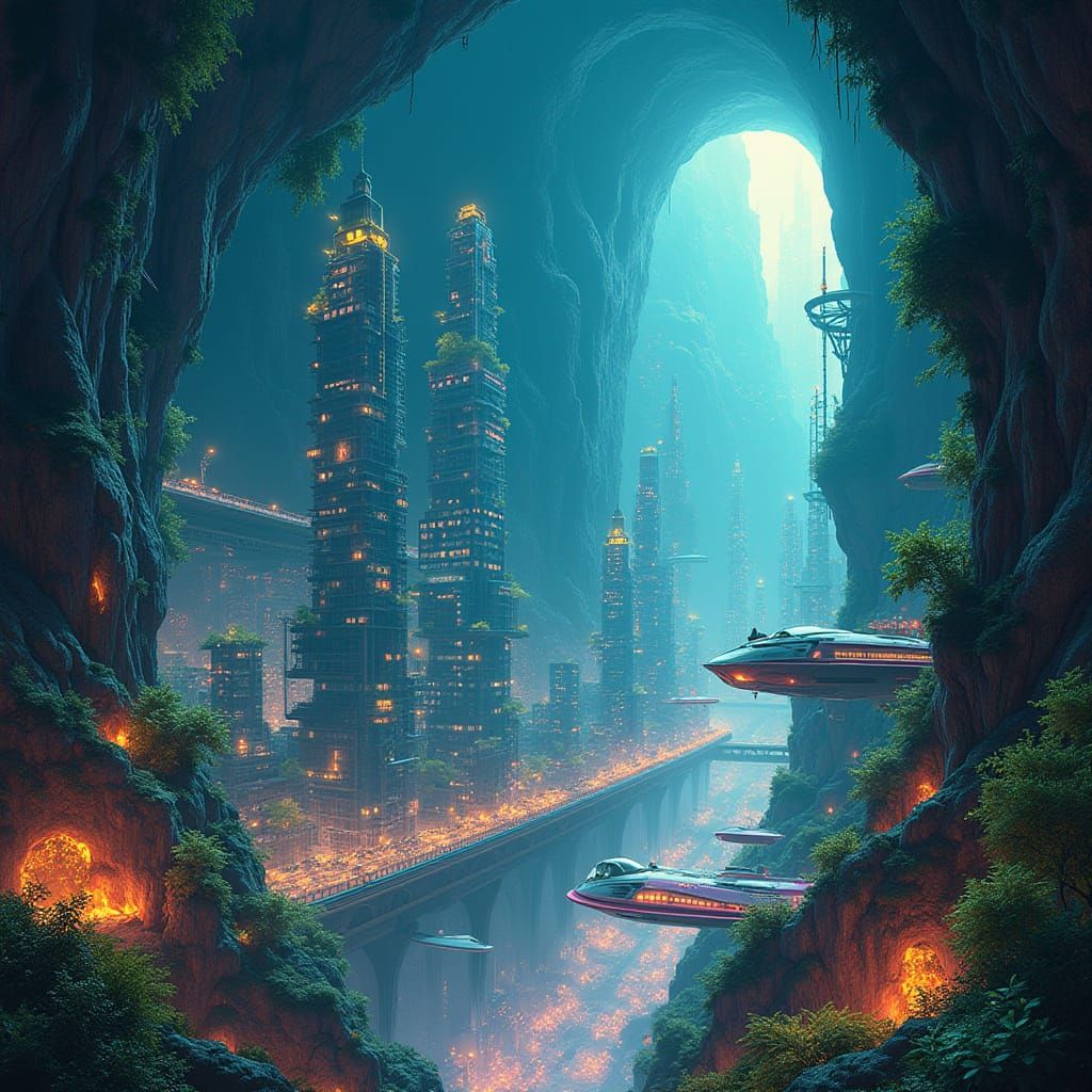 Bustling Futuristic Cityscape in Colossal Cavern