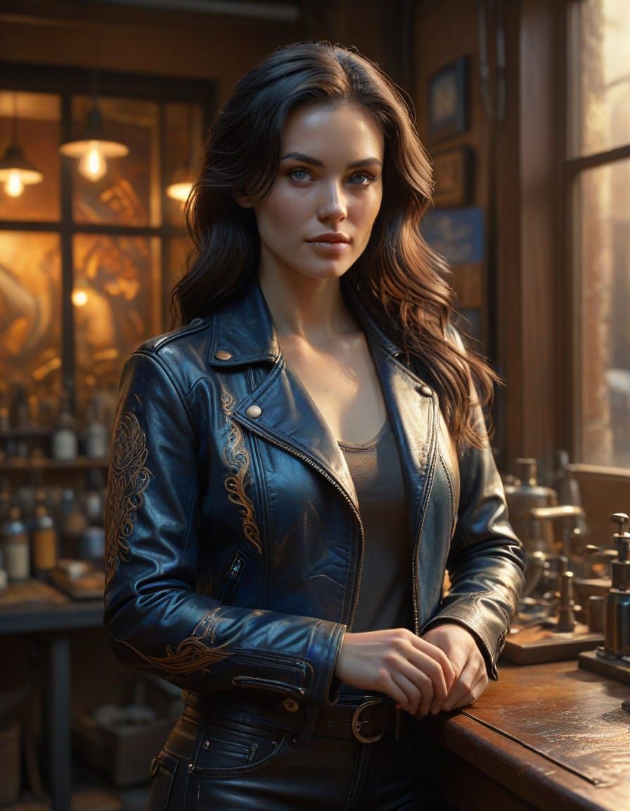 Biker Portrait in Leather Tanning Shop, Golden Hour