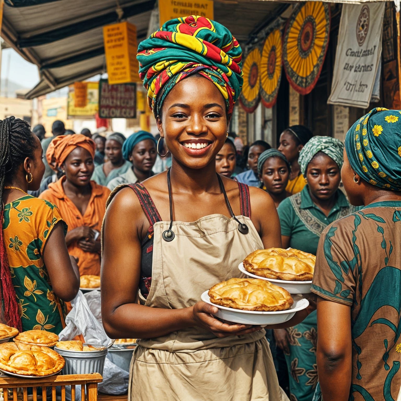 Young African Woman Sells Traditional Pies in Vibrant Market...