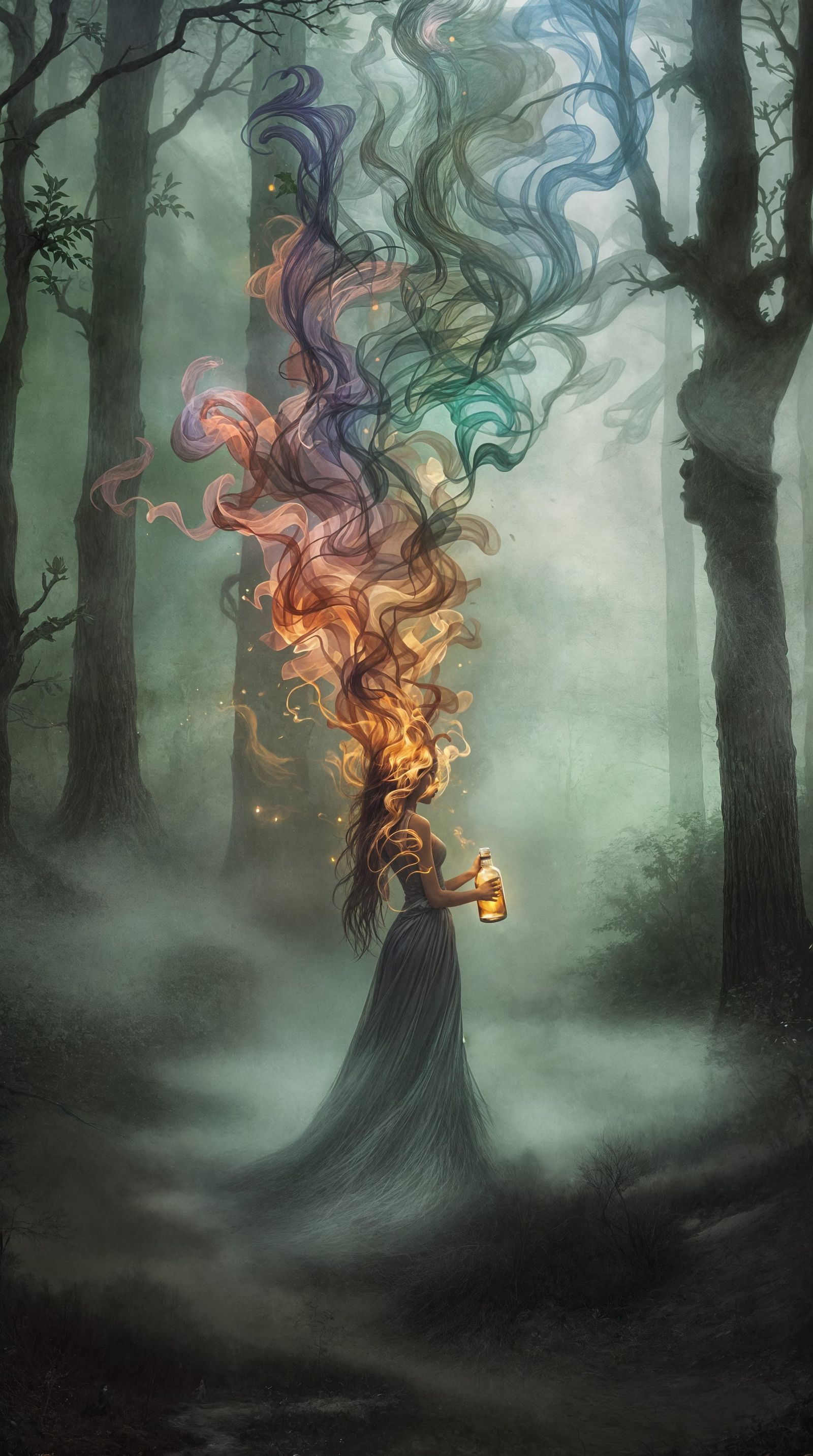 Ethereal Woman in Misty Forest, Capturing Forgotten Secrets