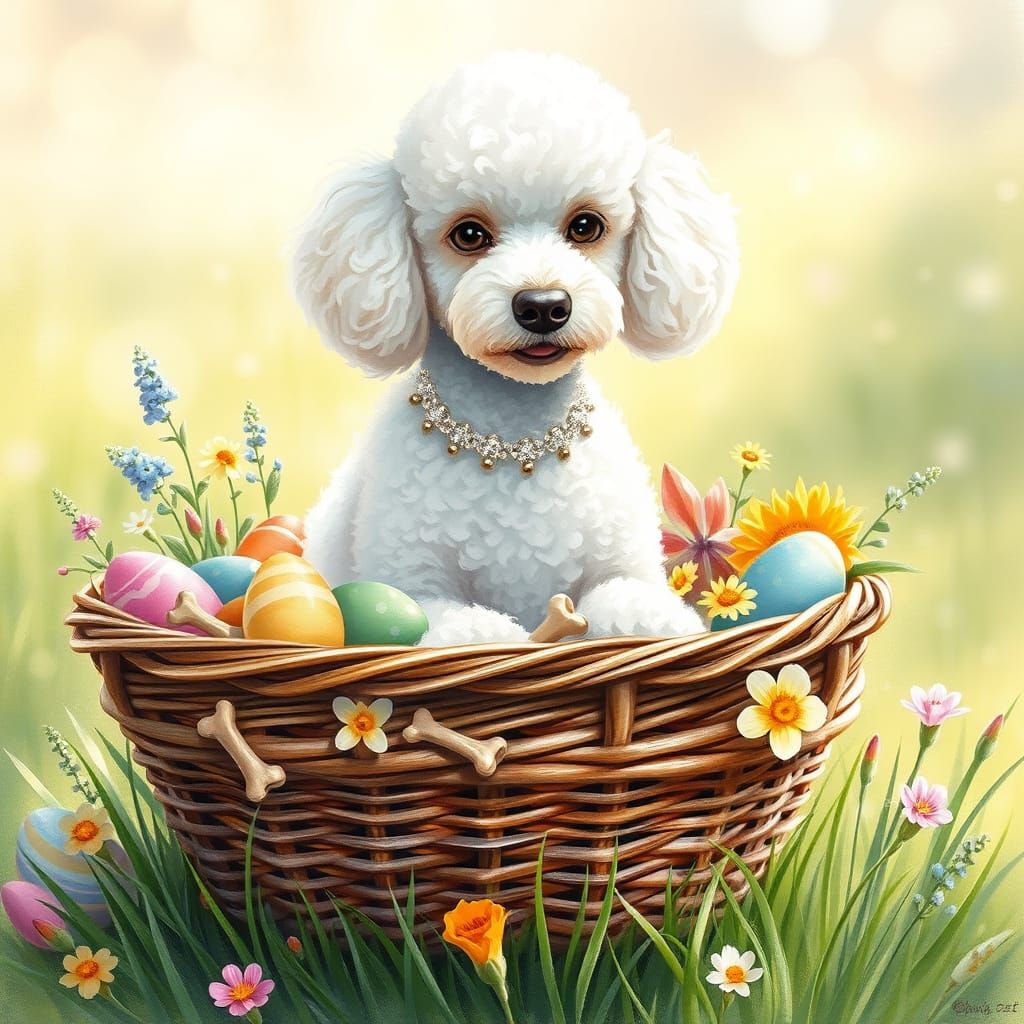 Whimsical Poodle Surrounded by Easter Delights in Watercolor...