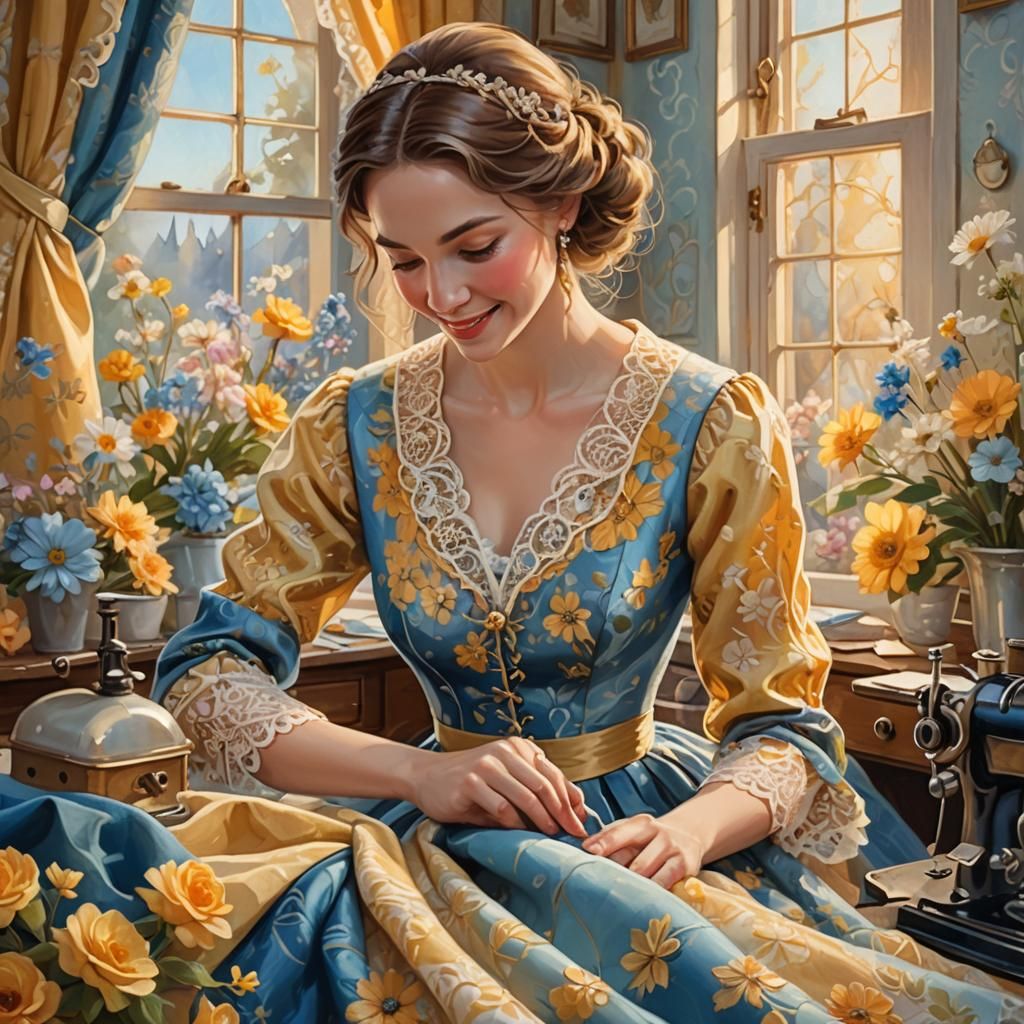 Whimsical Fantasy Seamstress in Oil Painting Style