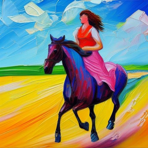 Girl on Horse in Expressionist Oil Painting