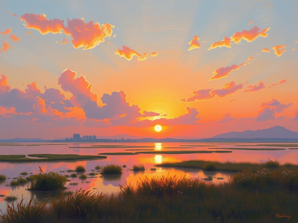 Impressionist Sunset Landscape with Warm Hues