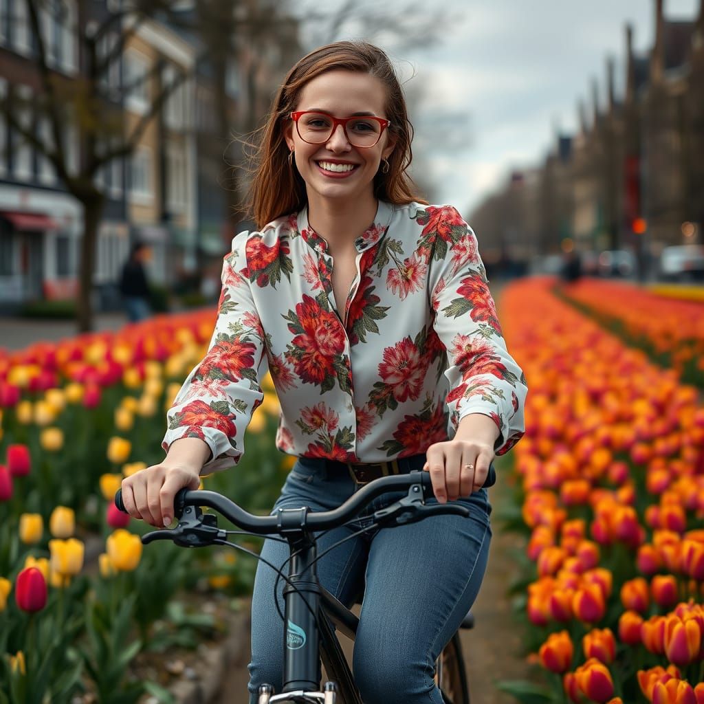 Woman Biking Through Tulip Fields in Amsterdam