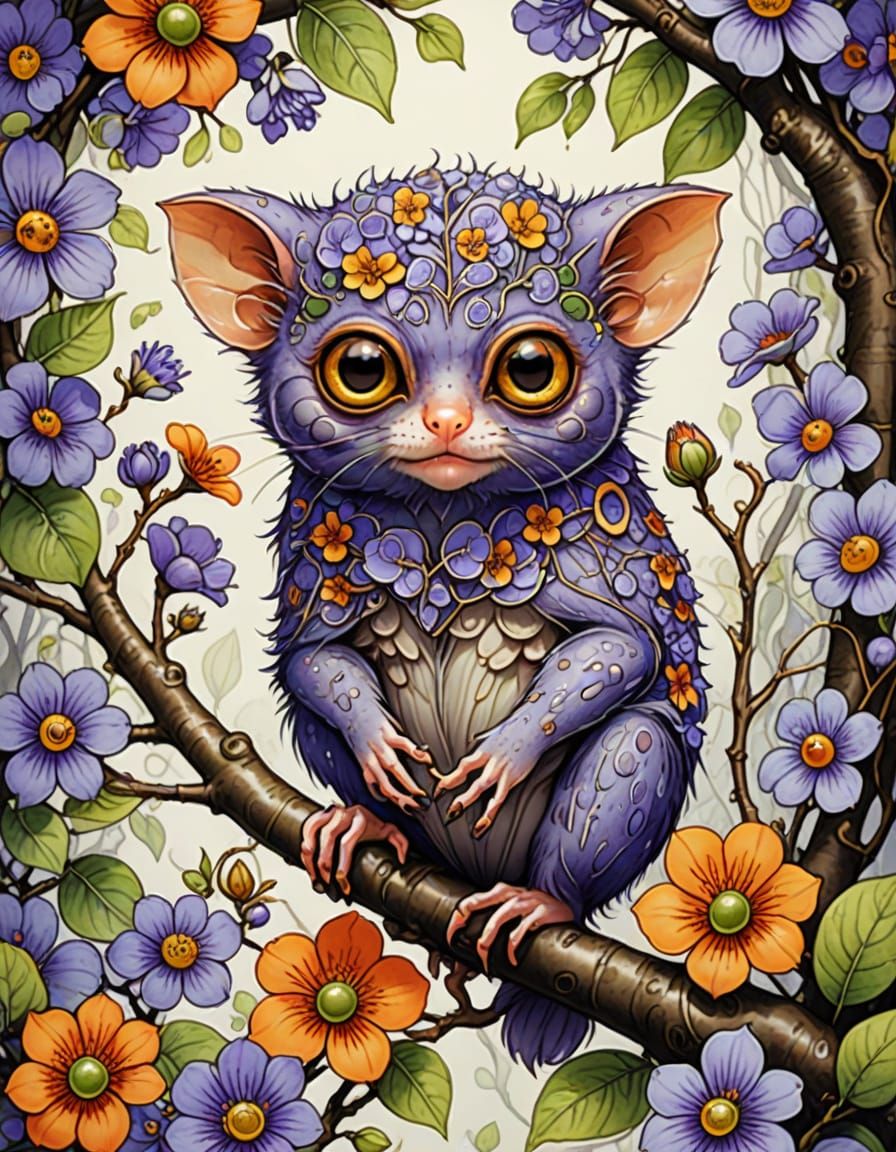 Cute Tarsier in Flowers, Watercolor Coloring Book Style