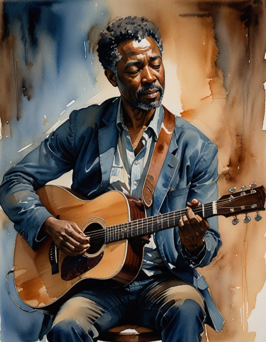 Soulful Bluesman Plays Acoustic Guitar in Watercolor Portrai...